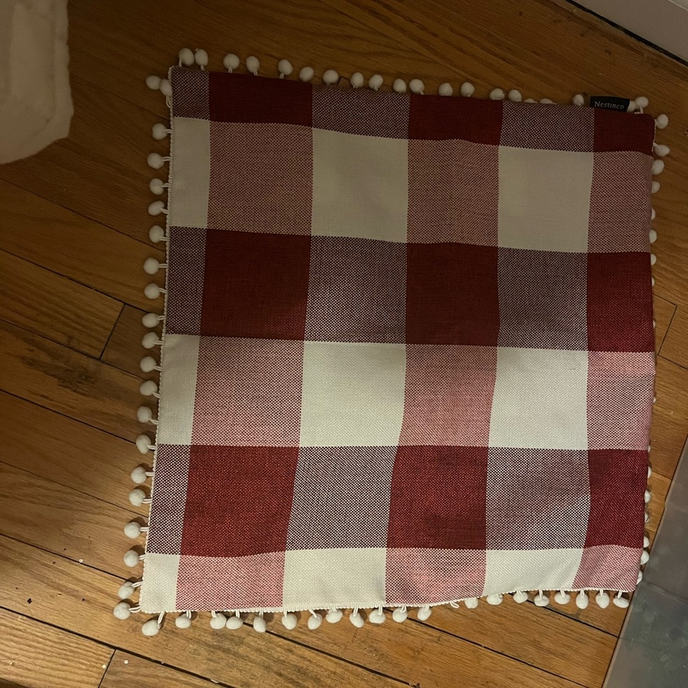 Red and White Plaid Pillow Cover with Pom Poms